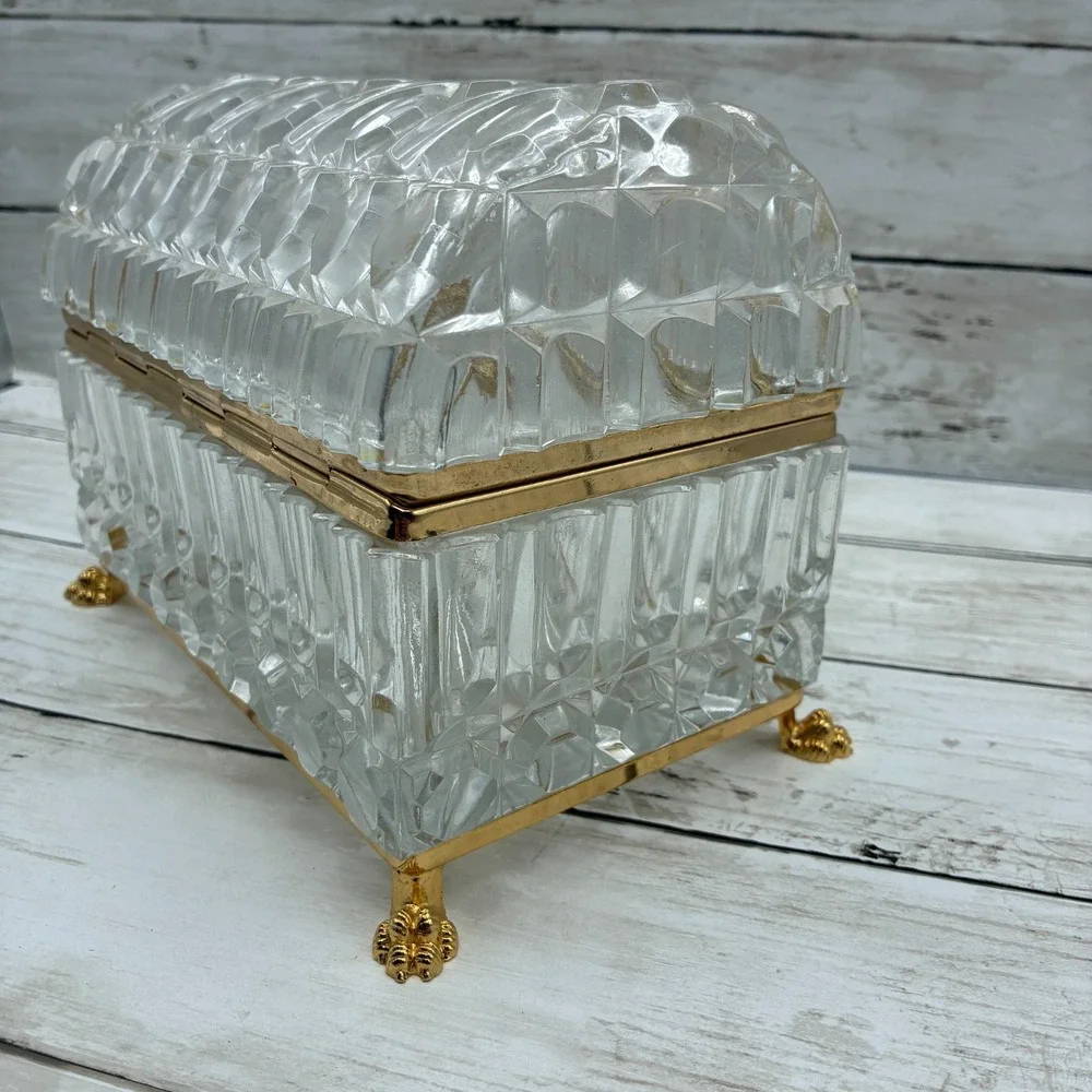 French Baccarat Style Jewelry Casket Footed Box Heavy Crystal Glass Hinged Lid
